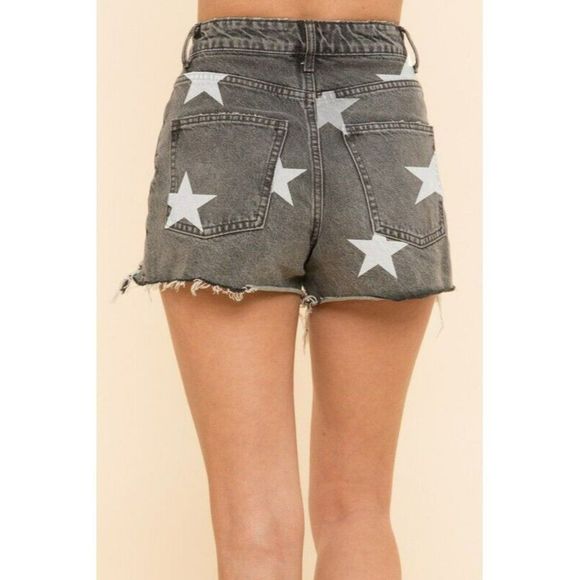 SALE! Blue Buttercup Star Print Black Demin Distressed Short 100% Cotton KP80880 - Picture 2 of 9